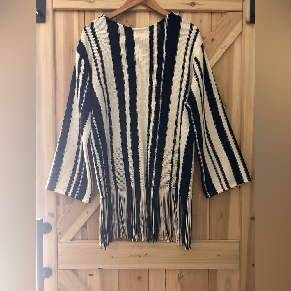 H&M Black & Cream Striped Fringe Knit Poncho Sweater